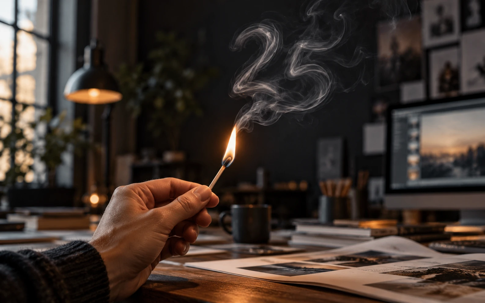 Em um estúdio de comunicação, uma mão segura um fósforo aceso e a fumaça forma sutilmente o número 25.