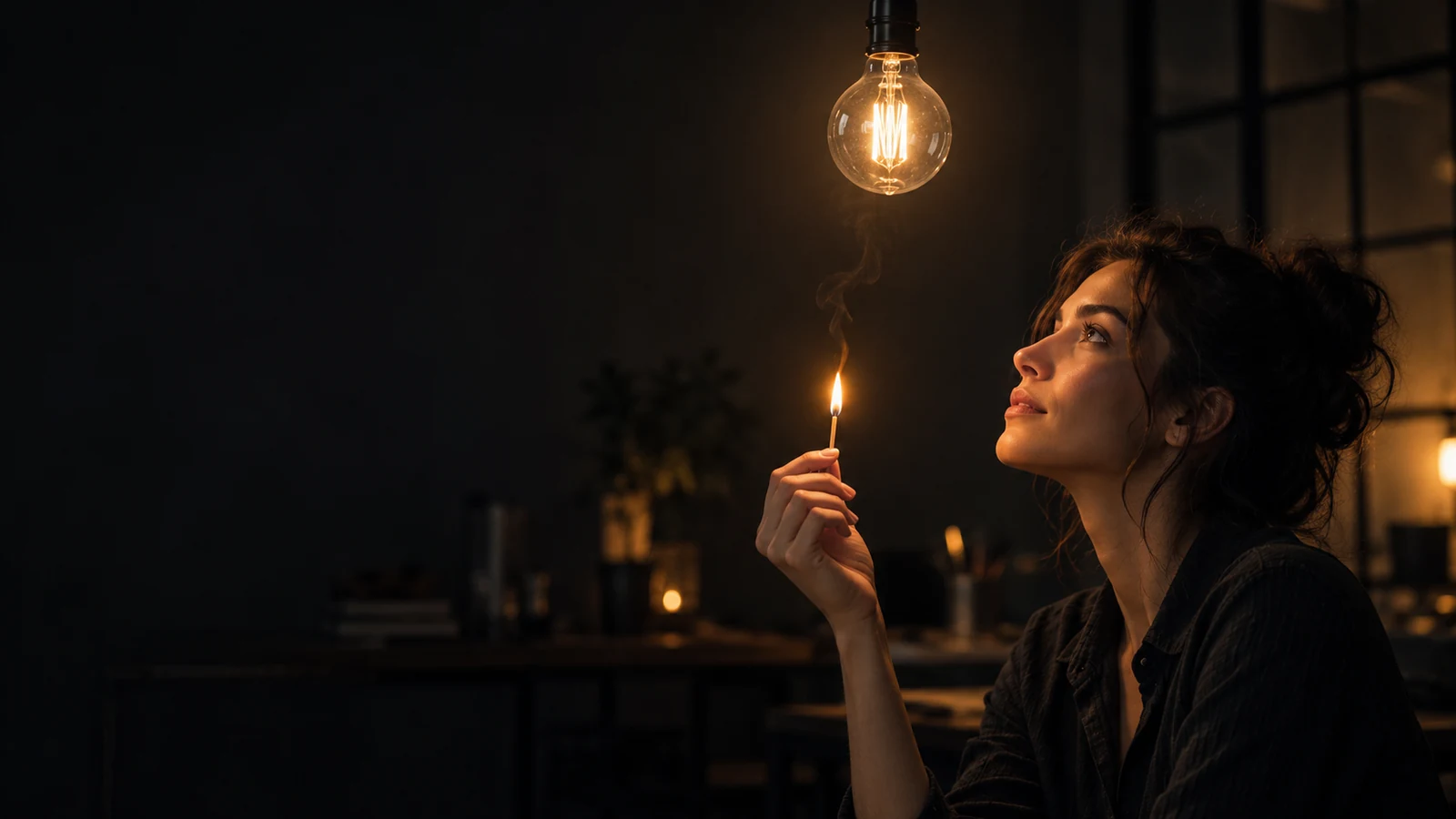 Uma pessoa segura um palito de fósforo aceso; a luz se conecta a uma lâmpada acima, como uma ideia que começa.