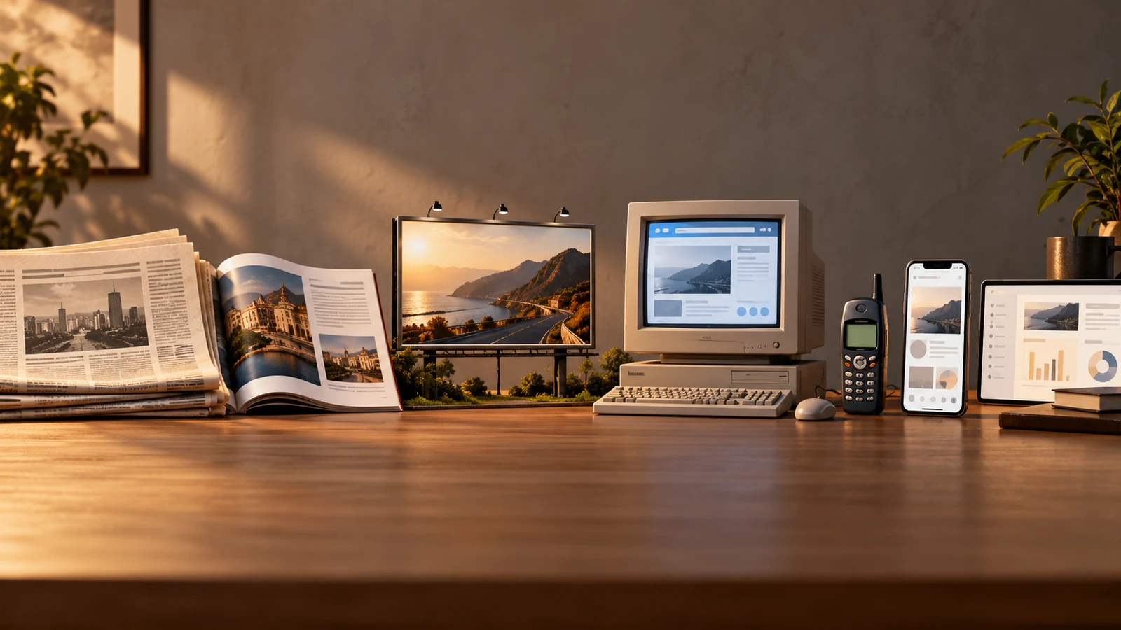 Evolução dos meios de comunicação: jornais e revistas, outdoor, computador, celular e telas digitais.
